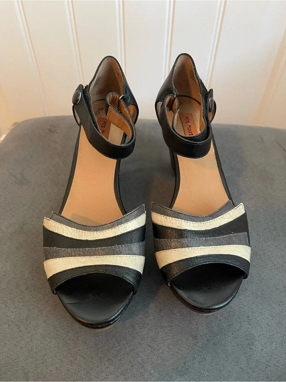 Miz Mooz Black and Ivory Ankle-Strap Platform Heels